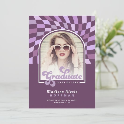 パープルアーチワープ市松模様にレトロ卒業 案内状 (スタンド正面)