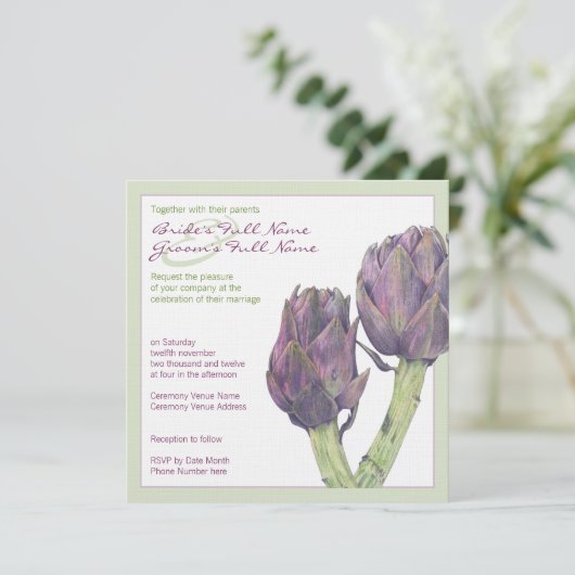 パープルアーティチョークスグリーン結婚式招待状 招待状 (スタンド正面)