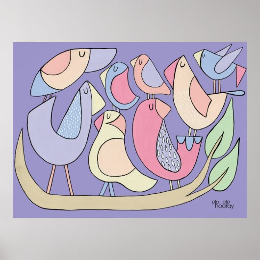 パープルアートバードブランチイラストレーション絵を描ズ ポスター (正面)