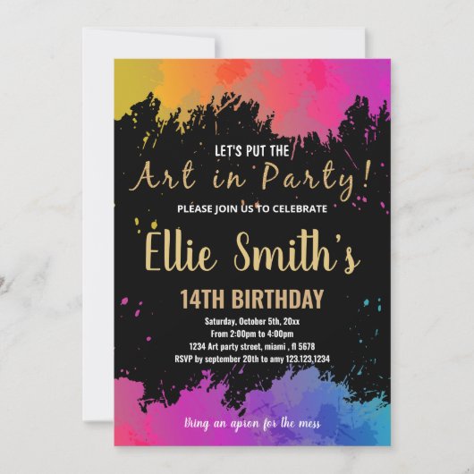 パープルアート絵を描パーティー誕生日招待状 招待状 (正面)