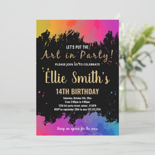 パープルアート絵を描パーティー誕生日招待状 招待状 (スタンド正面)