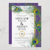 パープルアールデコピーコックフェザーモダンタイポグラフィ 招待状 (正面/裏面)