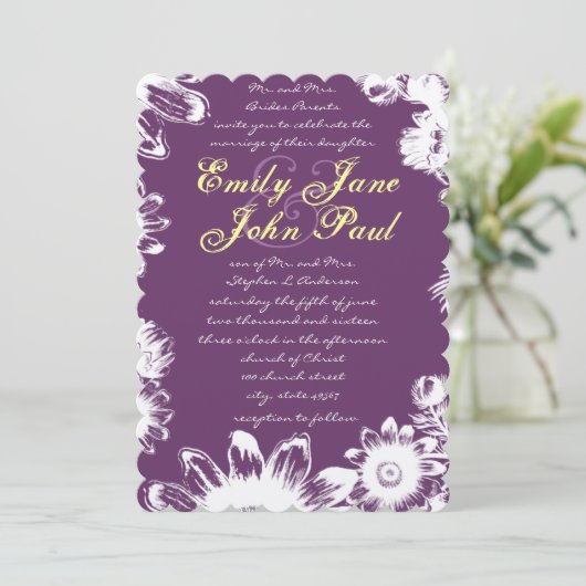 パープルイエローの花柄の結婚式招待状 招待状 (スタンド正面)
