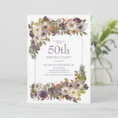 パープルイエローアイボリーフローラフリージ50th誕生日 招待状 (スタンド正面)