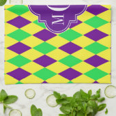 パープルイエローグリーンハーレクインパープクアット3モノグラム キッチンタオル (折り畳み)