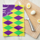 パープルイエローグリーンハーレクインパープクアット3モノグラム キッチンタオル (四つ折り)