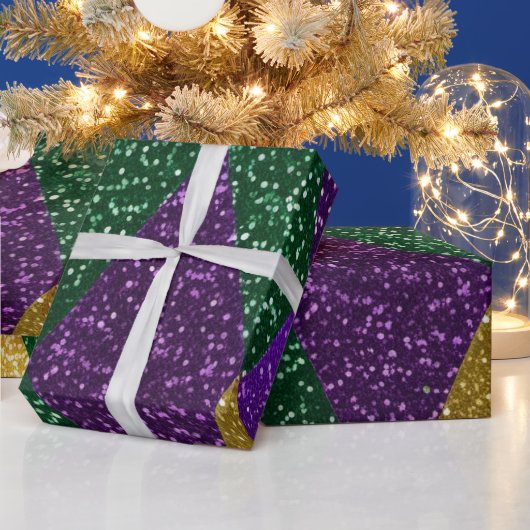 パープルイエローグリーンマルディグラグリッターパターン ラッピングペーパー (クリスマス)