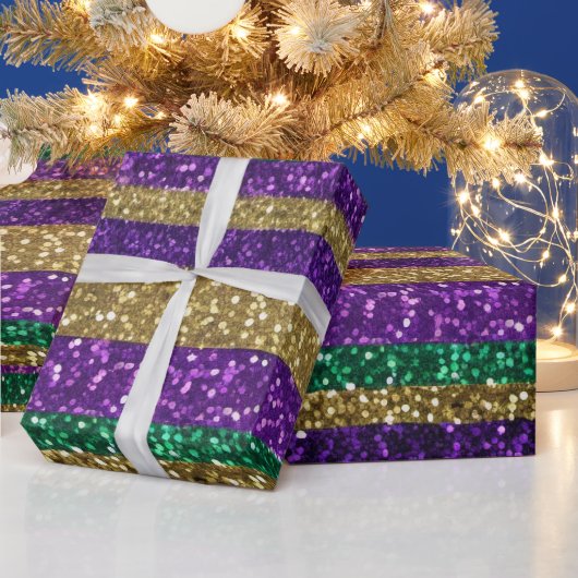 パープルイエローグリーンマルディグラグリッターパターン ラッピングペーパー (クリスマス)