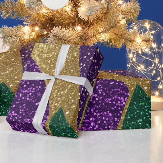 パープルイエローグリーンマルディグラグリッターパターン ラッピングペーパー (クリスマス)