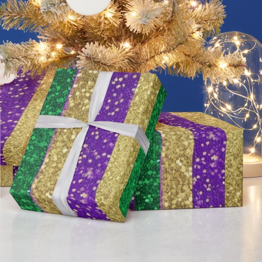 パープルイエローグリーンマルディグラグリッターパターン ラッピングペーパー (クリスマス)