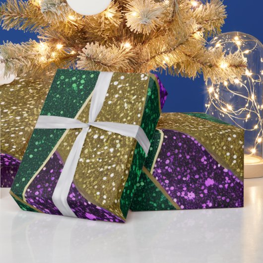 パープルイエローグリーンマルディグラグリッターパターン ラッピングペーパー (クリスマス)