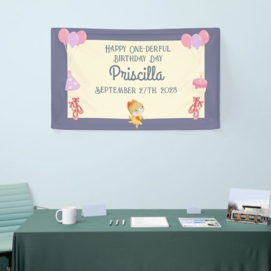パープルイエローバレリナキャット子供の誕生日パーティー 横断幕 (トレードショー)