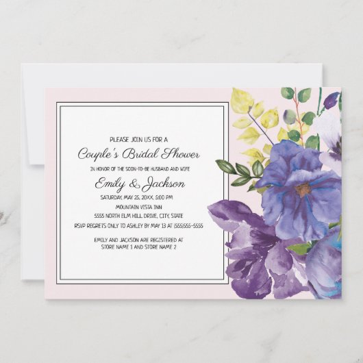 パープルイエローピンクフローラカップルのブライダルシャワー 招待状 (正面)