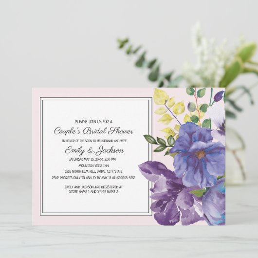 パープルイエローピンクフローラカップルのブライダルシャワー 招待状 (スタンド正面)