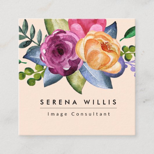 パープルイエローピンクフローラパステル スクエア名刺 (正面)