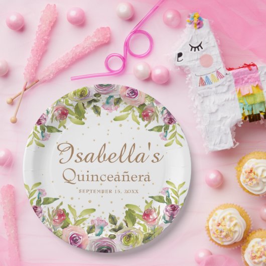 パープルイエローピンクフローラ金ゴールドグリッターキンセアニラ ペーパープレート (パーティー)