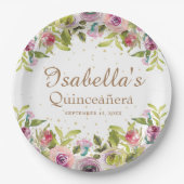 パープルイエローピンクフローラ金ゴールドグリッターキンセアニラ ペーパープレート (正面)