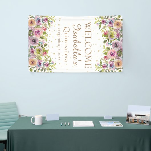 パープルイエローピンクフローラ金ゴールドグリッターキンセアニラ 横断幕 (トレードショー)