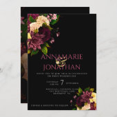 パープルイエローピンク牡丹&バラズ結婚&RSVP 招待状 (正面/裏面)