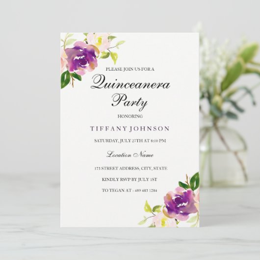 パープルイエローフローラキンセアニェラパーティの招待状 招待状 (スタンド正面)
