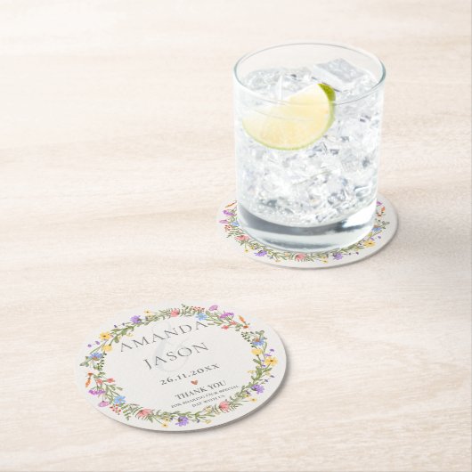 パープルイエローフローラワイルドフラワーリース結婚ズ ラウンドペーパーコースター (インサイチュ)