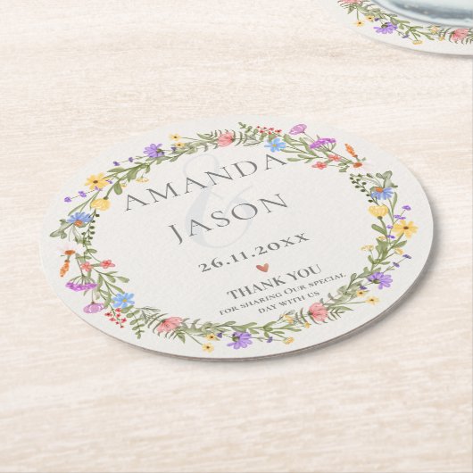パープルイエローフローラワイルドフラワーリース結婚ズ ラウンドペーパーコースター (アングル)