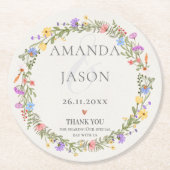 パープルイエローフローラワイルドフラワーリース結婚ズ ラウンドペーパーコースター (正面)