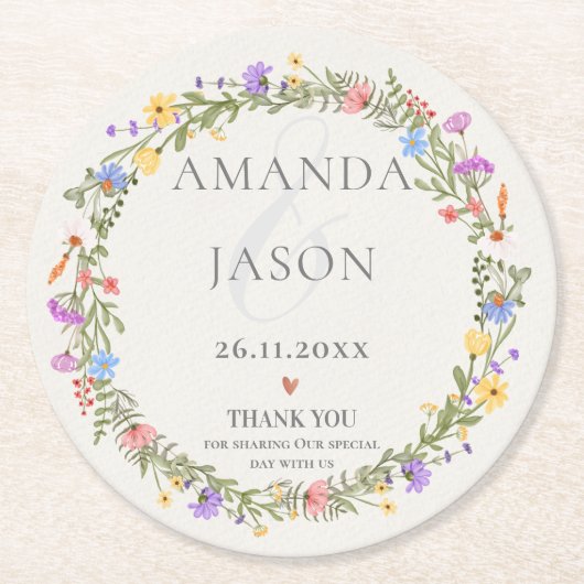 パープルイエローフローラワイルドフラワーリース結婚ズ ラウンドペーパーコースター (正面)