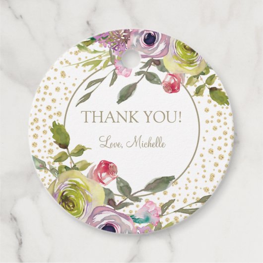 パープルイエローフローラ金ゴールドグリッターありがとう好意 フェイバータグ (正面)