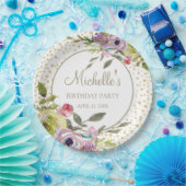 パープルイエローフローラ金ゴールドグリッター誕生日パーティー ペーパープレート (パーティー)