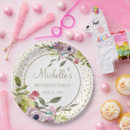 パープルイエローフローラ金ゴールドグリッター誕生日パーティー ペーパープレート (パーティー)