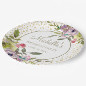 パープルイエローフローラ金ゴールドグリッター誕生日パーティー ペーパープレート (アングル)