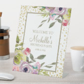 パープルイエローフローラ金ゴールドグリッター誕生日歓迎 台座サイン (インサイチュ)