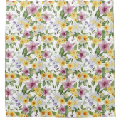 パープルイエローホワイトグリーンフローラボホシック シャワーカーテン (正面)