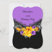 パープルイエローローズバースデーパーティブラックフローラ 招待状 (正面)