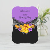 パープルイエローローズバースデーパーティブラックフローラ 招待状 (スタンド正面)