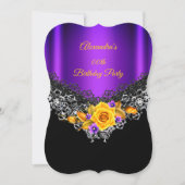 パープルイエローローズバースデーパーティーブラックシルバー 招待状 (正面)