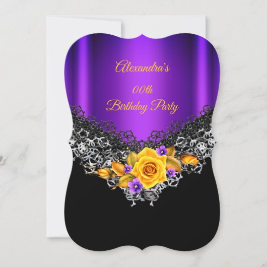 パープルイエローローズバースデーパーティーブラックシルバー 招待状 (正面)