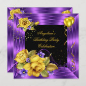 パープルイエローローズブラックグリッター誕生日パーティー 招待状 (正面/裏面)