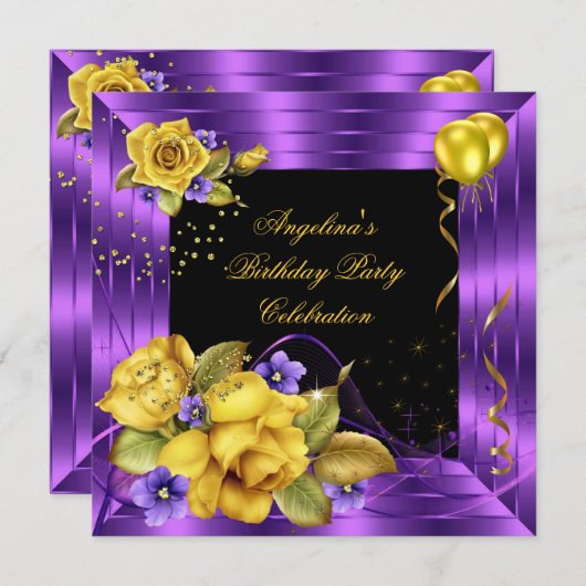 パープルイエローローズブラックグリッター誕生日パーティー 招待状 (正面/裏面)