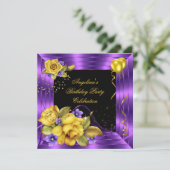 パープルイエローローズブラックグリッター誕生日パーティー 招待状 (スタンド正面)