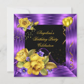 パープルイエローローズブラックグリッター誕生日パーティー 招待状 (正面)