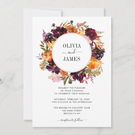 パープルイエローローズブルゴーニュフローラ秋結婚の日 招待状 (正面)