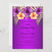 パープルイエロー金ゴールドパームスハイビスカスバースデーパーティー 招待状 (正面)