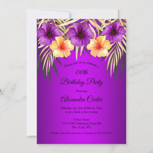 パープルイエロー金ゴールドパームスハイビスカスバースデーパーティー 招待状 (正面)