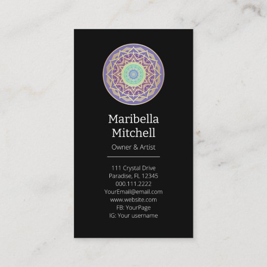 パープルインジゴ金ゴールドターコイズマンダラメタフィシカル 名刺 (裏面)