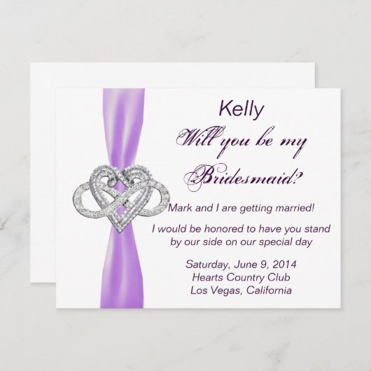 パープルインフィニティハートブライデスメイドカード 招待状 (正面/裏面)