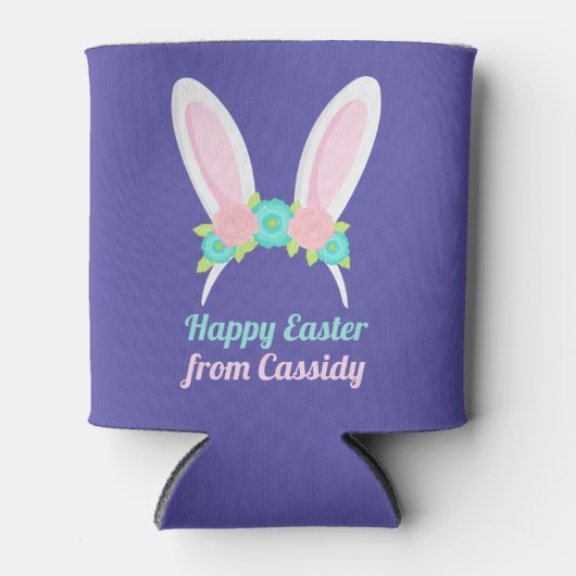 パープルイースターバースデーパーティーかわいいカスタムバニー 缶クーラー (正面)
