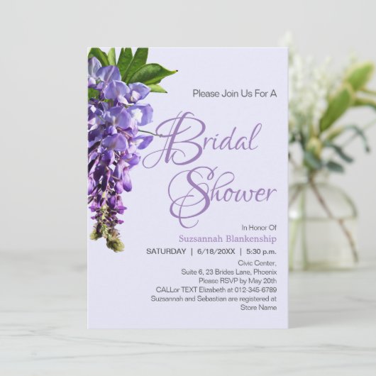 パープルウィステリアフラワーズブライダルシャワーテンプレート 招待状 (スタンド正面)