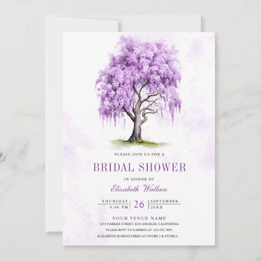パープルウィステリアフローラツリーブライダルシャワー 招待状 (正面)